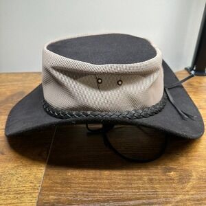 Oztrala Black Leather Mesh Breezer Australian Bush Hat Mens Medium Outback